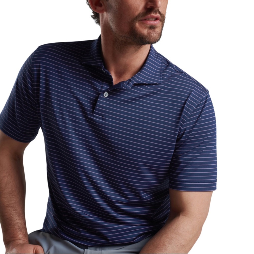 Peter Millar Performance Polo Shirt Navy Blue Tan Golfing Preppy Mens Large